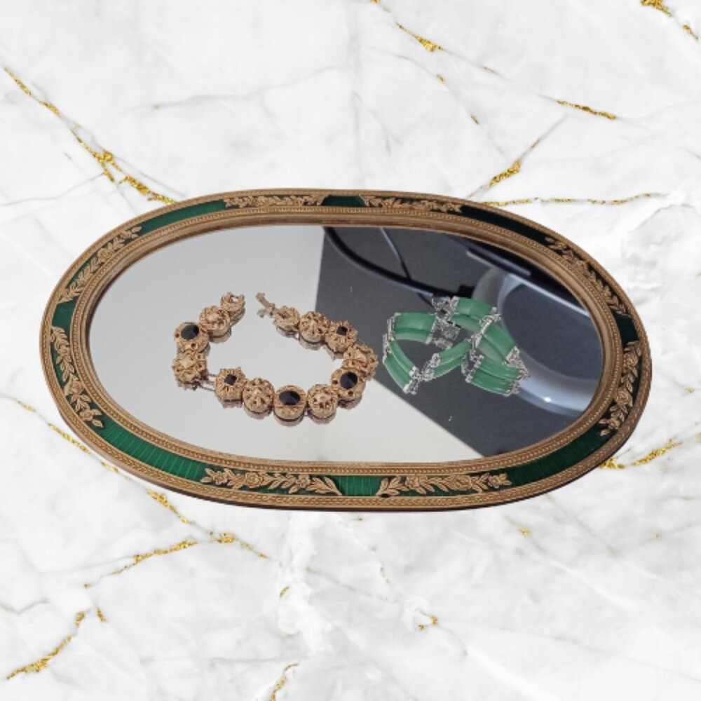 Vintage Green and Gold Toned Enamel Oval Vanity Mirrow